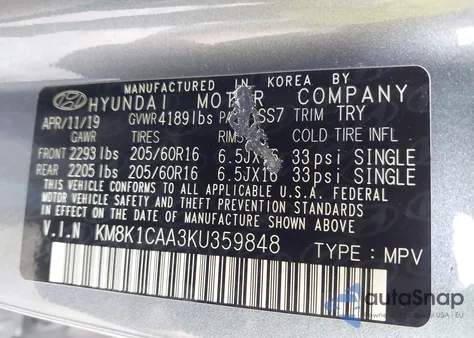 2019 Hyundai Kona Se из США, поврежденный, VIN KM8K1CAA3KU359848